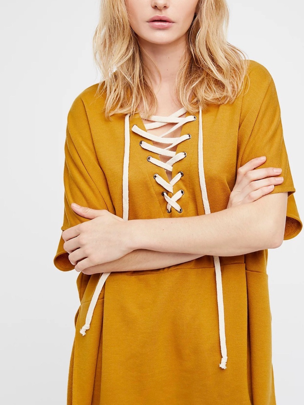 Free People Top Poncho Mustard Lace-Up Knit Power Play Hooded